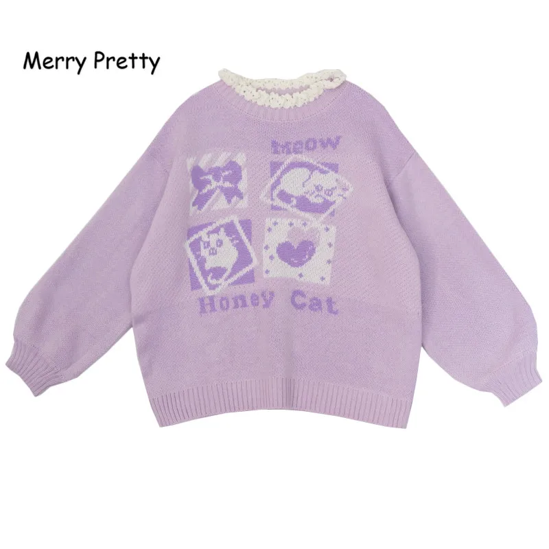 Merry Pretty Лавандовый жаккардовый свитер для женщин Зимний круглый гофрированный воротник пуловеры Harajuku вязаный толстый теплый сладкий свитер для девочек