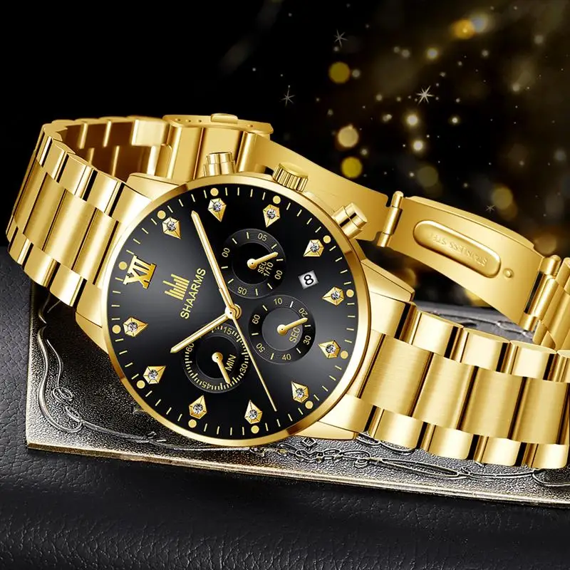 SHAARMS мужские часы золотые черные нержавеющая сталь кварцевые с датой наручные