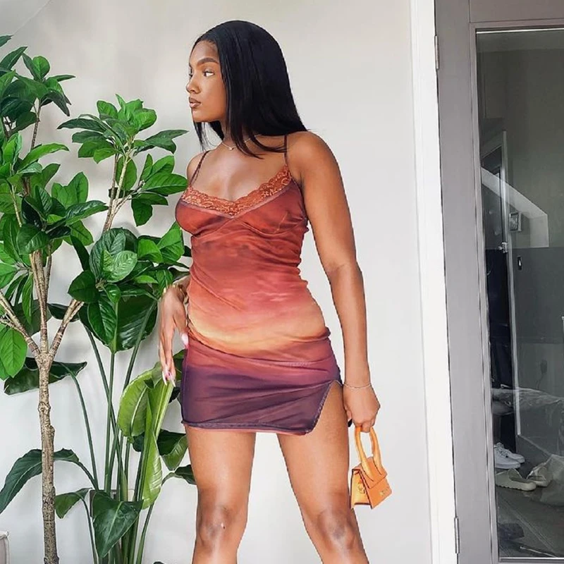 

Rockmore Tie Dye Lace Mini Dresses For Women Y2K Sexy Low Cut Split Above Knee Dress Streetwear Club Party Sundress Femme Retro