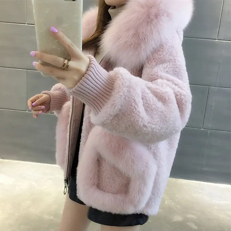 Модное пальто из искусственного меха с воротником лисы и капюшоном Женское