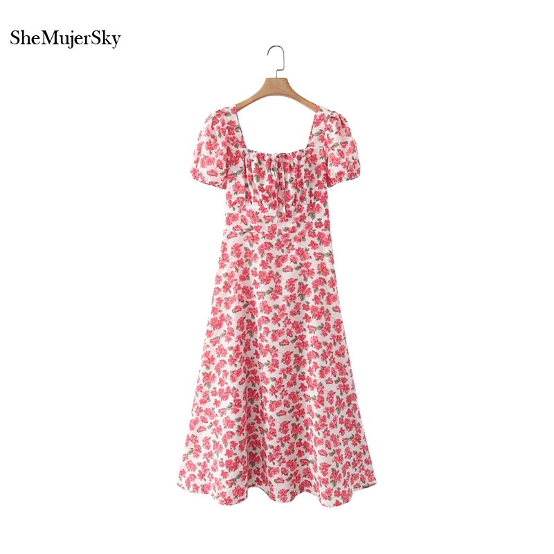 

SheMujerSky Vintage Flower Print Midi Dress Women Short Sleeve Square Collar A-line Dresses 2022 robe femme