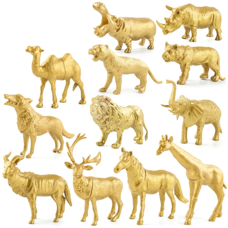 

W3JA 6/8/10/12 Pcs Plastic Golden Wild Animal Figures Simulation Model Statue Figurine Educational Toys for Child
