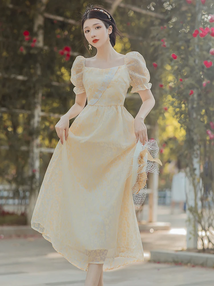 

Женское шифоновое платье-макси с цветочным принтом, элегантное платье-макси из французского шифона с квадратным вырезом и пышными рукавами...