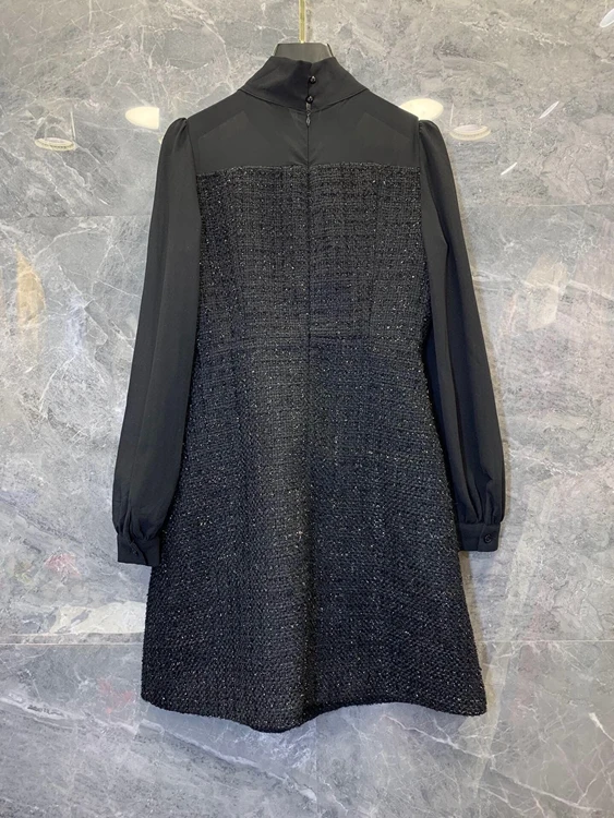 

2020 autumn and winter new women's neckline knotted decorative stitching woolen long-sleeved dress 1221