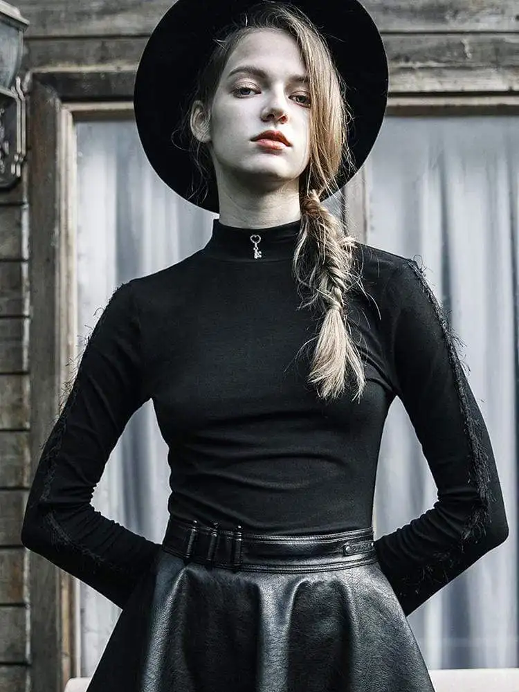 Женские обтягивающие футболки с расклешенными рукавами в стиле панк PT-432TC |