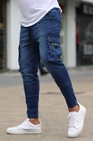 black jeans men slim fit multi pockets zipper cowboy cargo pants male casual stretch skinny blue jeans pantalones