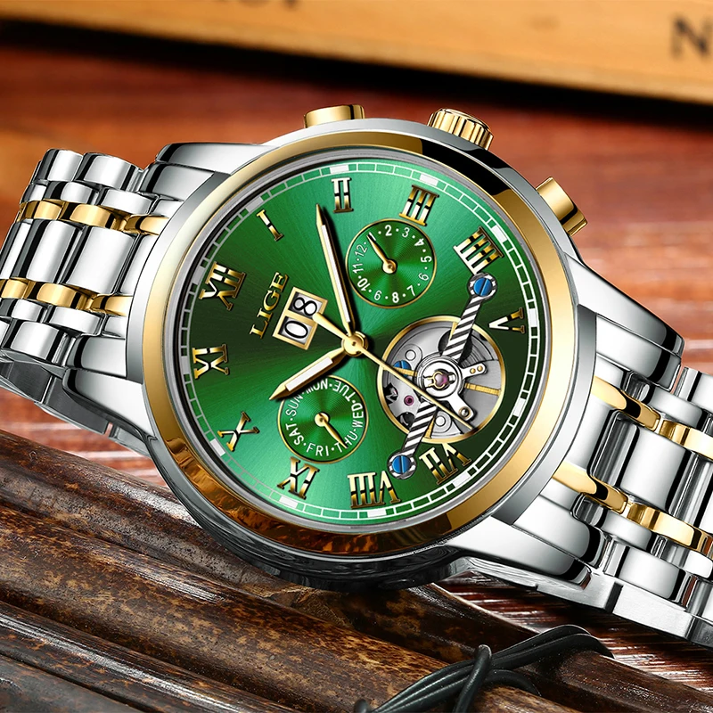 Часы наручные LIGE Мужские автоматические брендовые роскошные механические