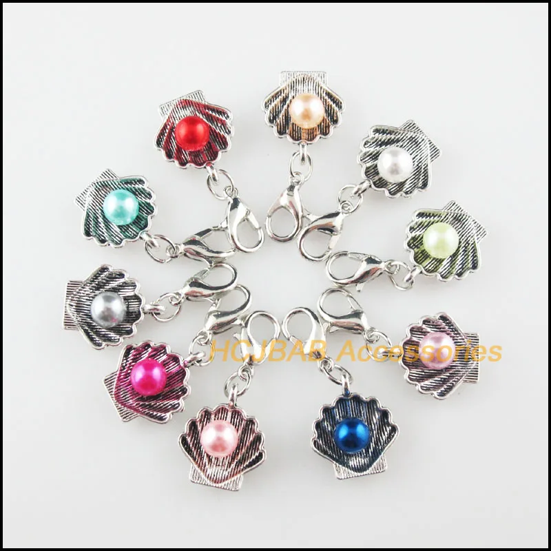

20 New Shell Mixed Charms Acrylic Conch Frame Pendants With Lobster Claw Clasps Tibetan Silver Plated 14x16.5mm