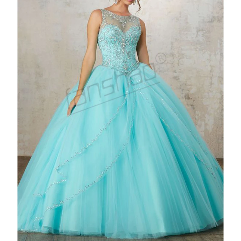 

Fanshao Blue Quinceanera Dresses Scoop Neck Appliques Beading Sequin Crystal Sleeveless Tiered For 15 Girls Ball Party Gowns