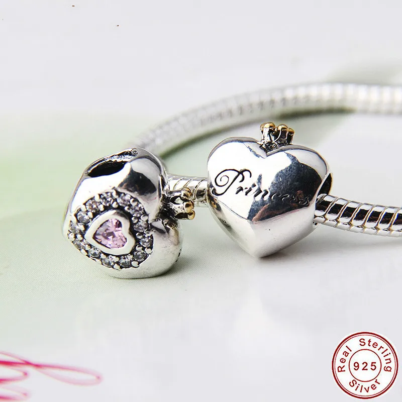 925 стерлингового серебра корона сердечными амулетами Розовый Камень CZ