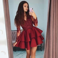 sexy burgundy short evening dress lace a line 2021 v neck prom gowns long sleeves pleat for women satin tiered vestidos de noche
