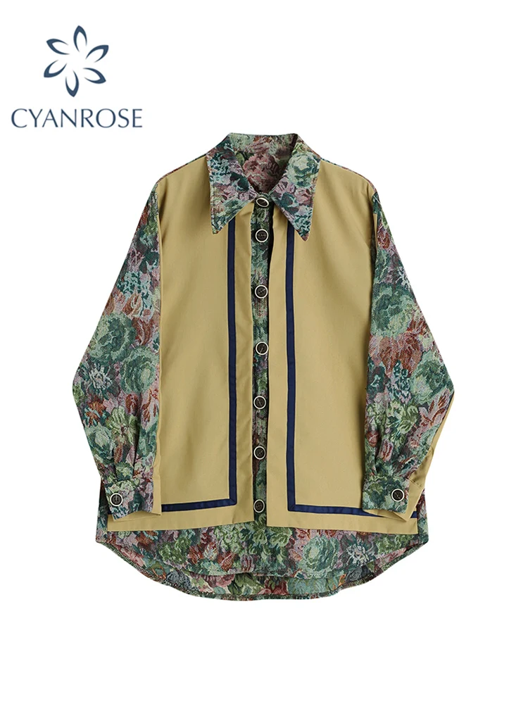 Женская винтажная блузка в стиле пэчворк с цветочным принтом и длинным рукавом