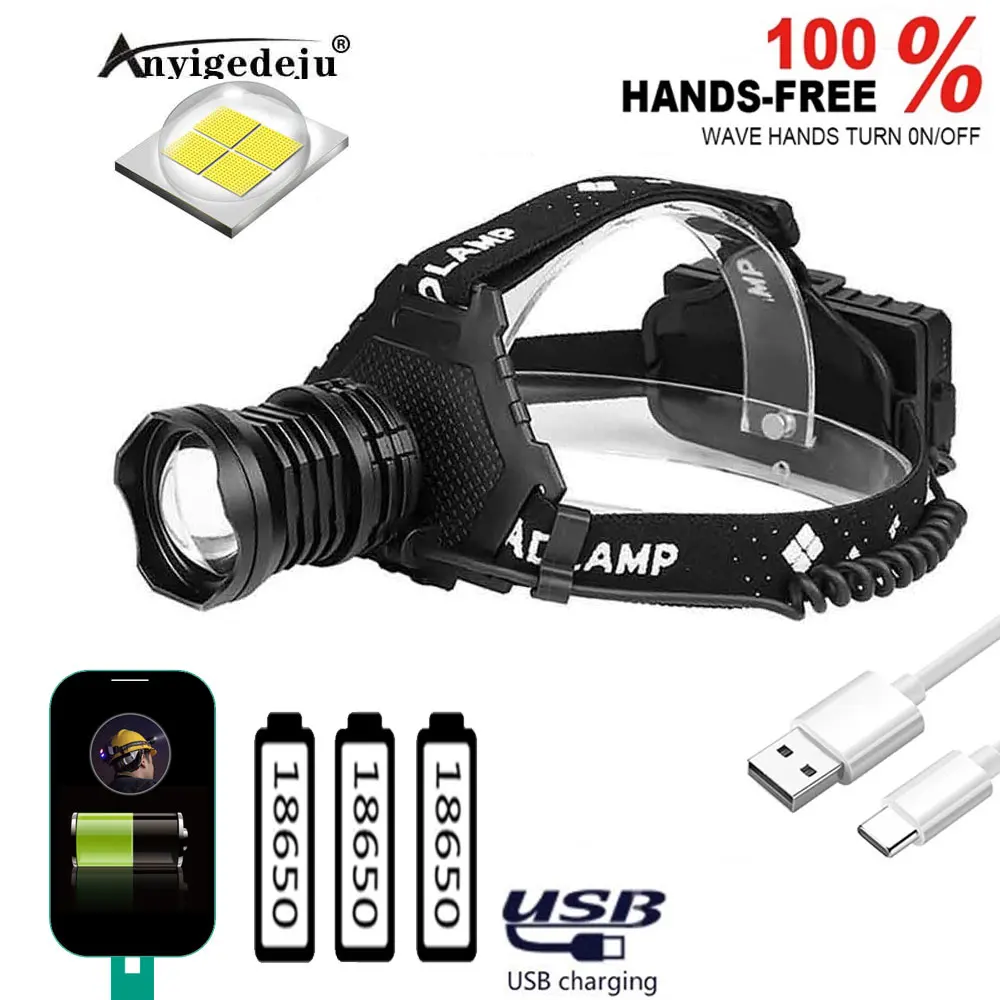 

Powerful XHP70 LED Headlamps USB Rechargeable 5 Modes Waterproof Zoom Headlights Can Charge The Phone Powered By 18650 Battery