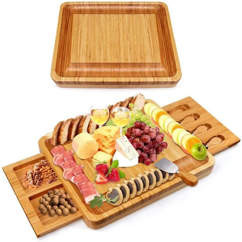 Bamboo Cheese Board Cutlery Knif Set With Slide Out Drawer 4 Knives Sets Cooking Tools Cheese Knife Cheese Slicer Fork Scoop Cut