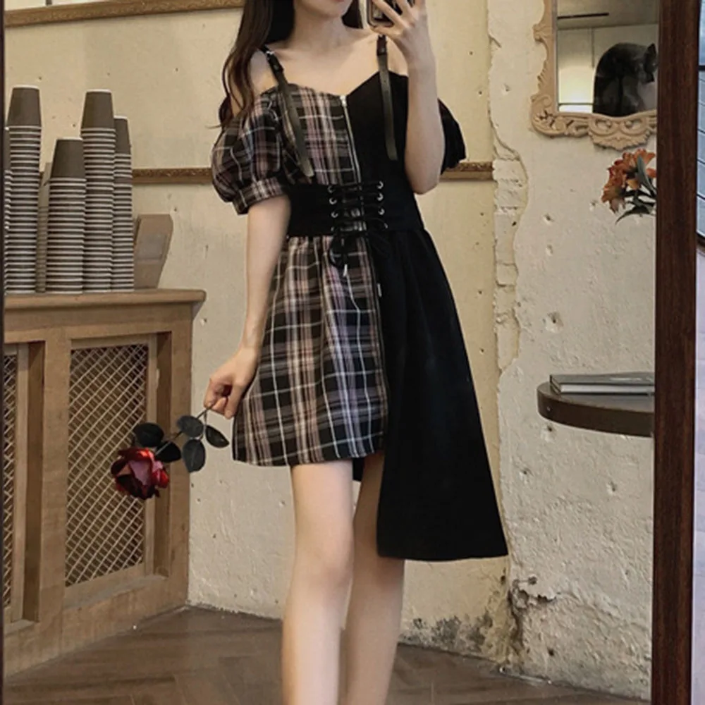

2021 Summer New Plaid Stitching Large Size Irregular Women's Dress High Waist Fashion Design One Shoulder Summer