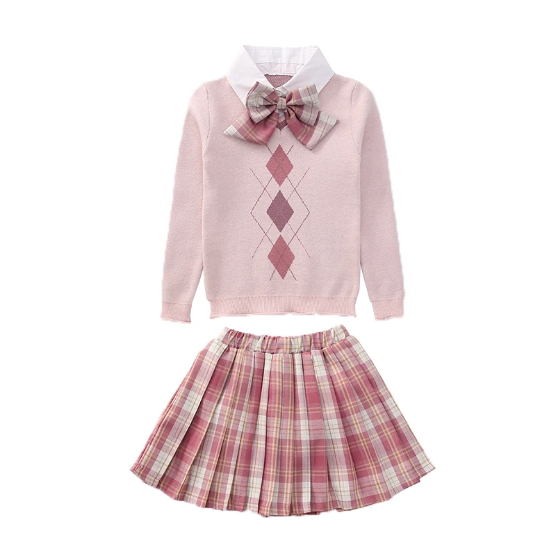 

Girls' spring dress suit knitted dress JK style new dress bow plaid dress knitted skirt girls' dress 4-12 years old