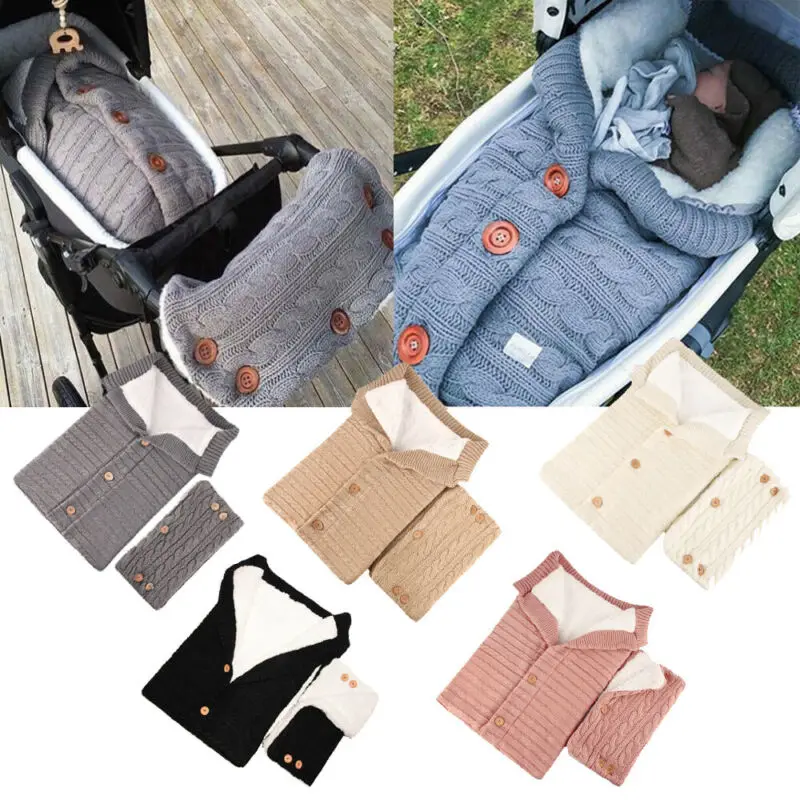 

Newborn Baby Stroller Wrap Sleeping Bags Winter Warm Blanket Knitting Swaddle Wrap Pram Toddler 2pcs Sleeping Handrail Set Bag