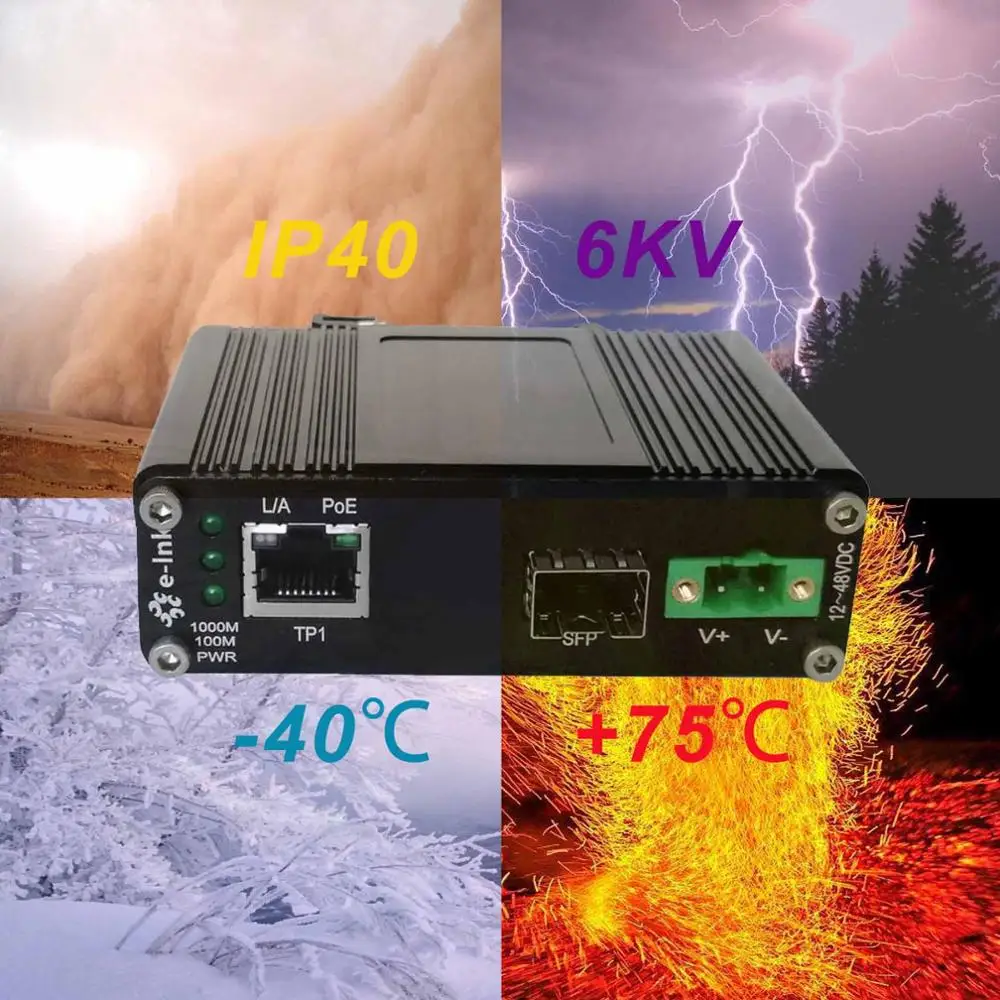 E link Mini 1 порт 100/1000 Мбит/с SFP двойная скорость и 10/100/1000base t с 60 Вт PoE + промышленный