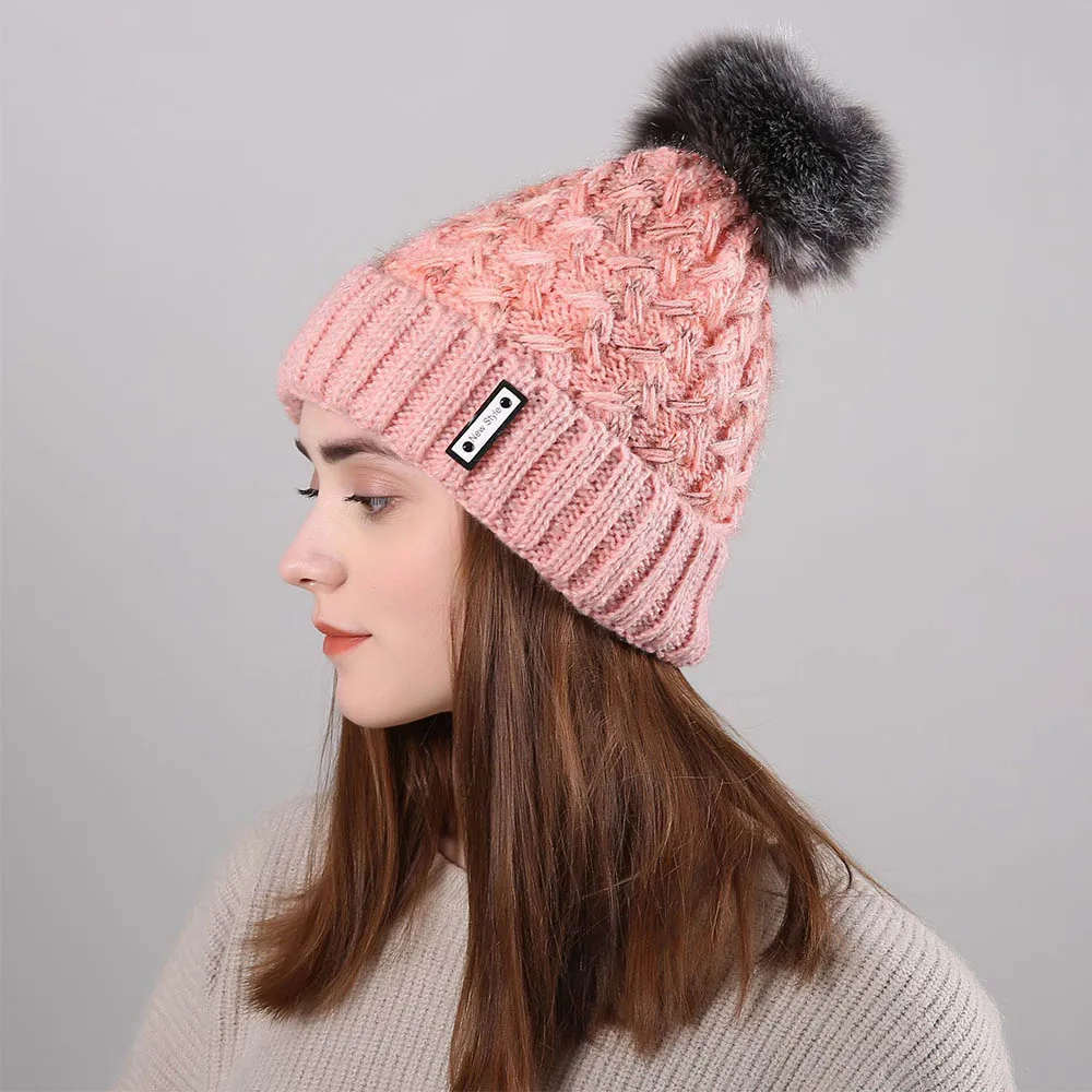 FS стиль зимние шапки для женщин Мех животных Pom Beanie вязаный Skullies Красный розовый плюс бархат открытый уха головы теплые шапки с помпоном