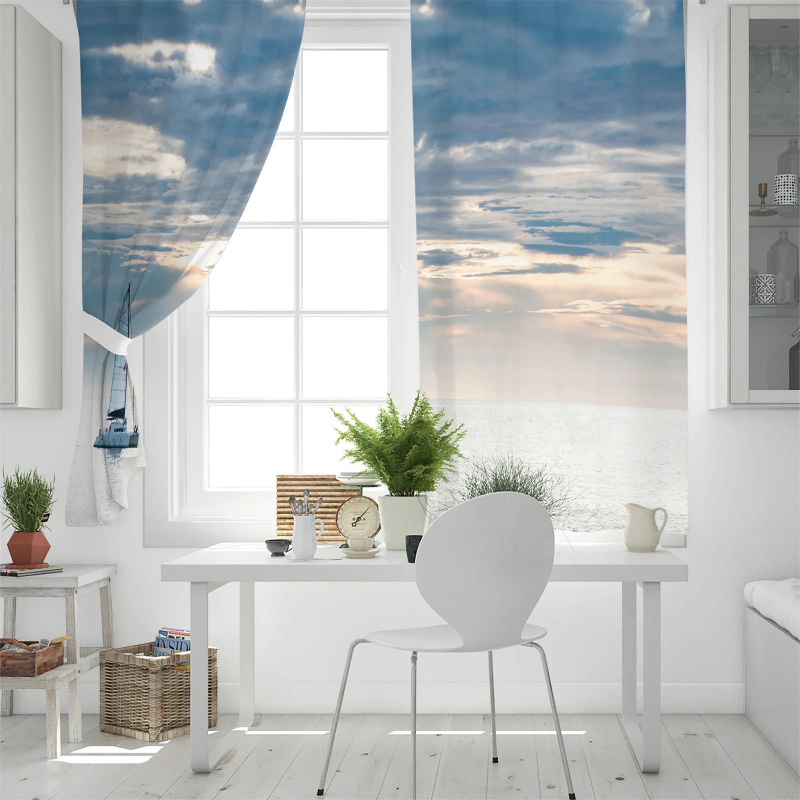 Шторы с парусной яхтой небесно-голубые облака занавески для гостиной шторы