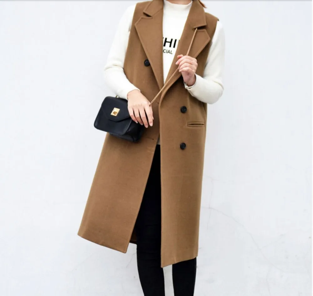 Двубортный зубчатый длинный жилет однотонный Длинный женский хаки с карманами