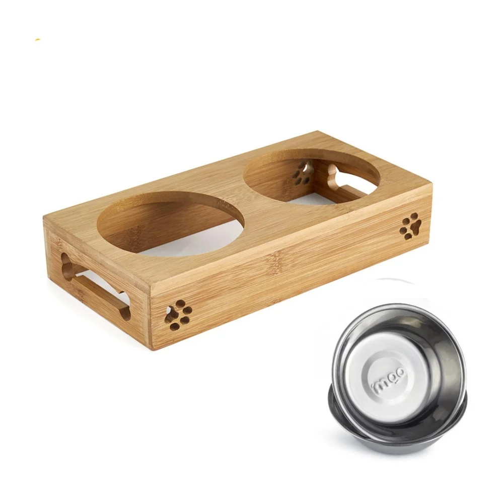 

TECHOME New Popular Home Pet Stainless Steel/Ceramic Feeding and Drinking Bowls Combination with Bamboo Frame for Dog Cat Puppy