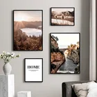 Настенные картины на холсте с изображением заката, гор, водопада, морского клевера, скандинавские постеры и принты для украшения гостиной