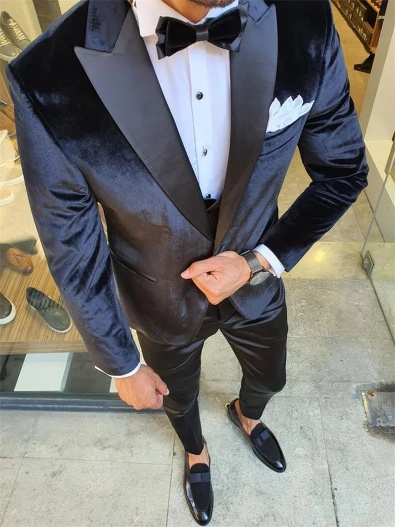 3 Pieces Black Men Suits Formal Business Custom Made Velevt Blazer+Cotton Vest+Pant  Wedding Tuexdos Daily Prom Party Suit Sets