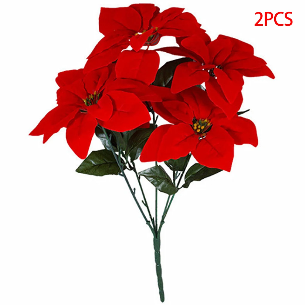 

2 Pieces Artificial Poinsettia Flower Fake Christmas Flower for Home Office Simulation Floral Decoration, 5-branch