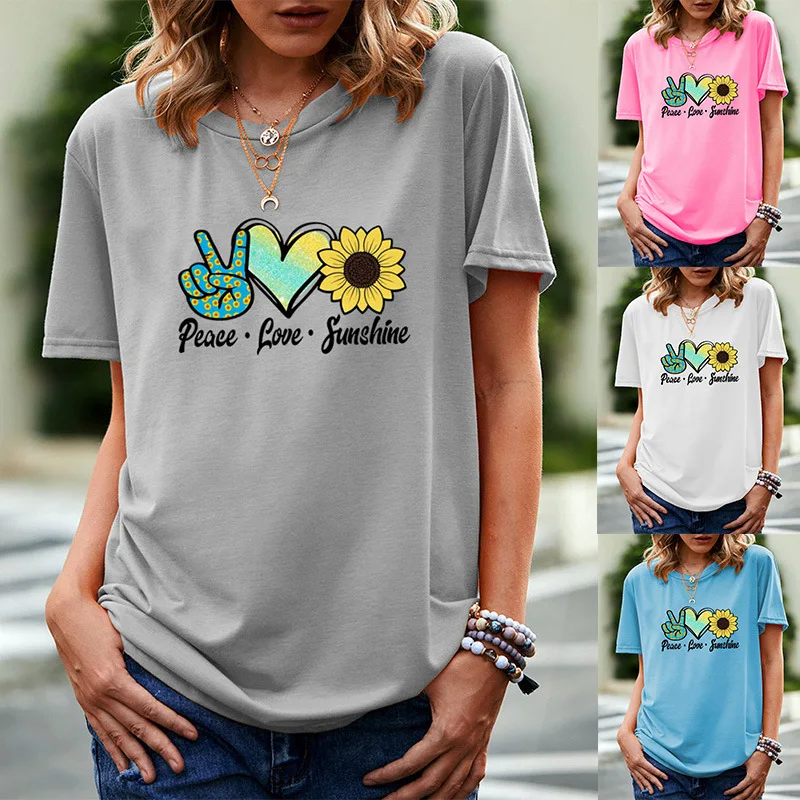

Peace Love Sunshine Sunflower Pattern Printed Short Sleeve T-shirt Harajuku Unif Streetwear Women Top Graphic T Shirts