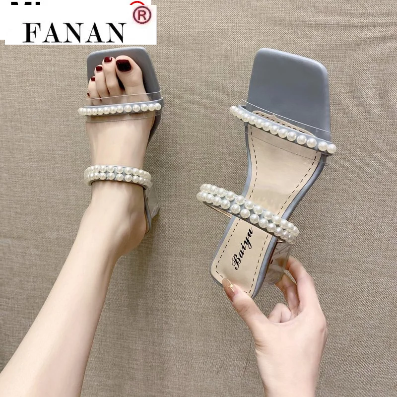 

Summer Women Sandals High Heels Feminine Pearl Square Toe Fashion Shoes Outdoor Comfortable Slippers Women Bling Open Toe Shoes