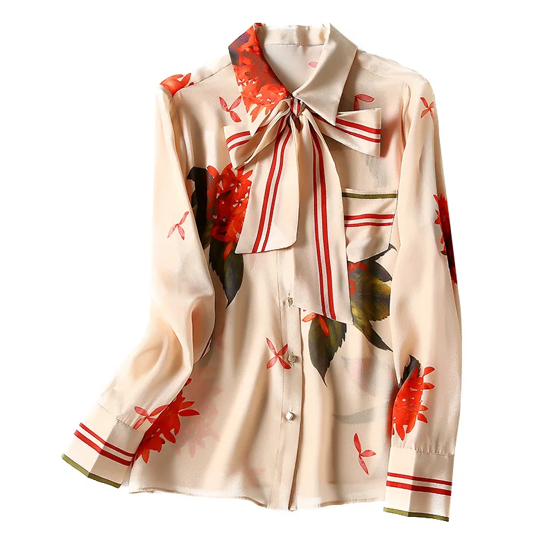 

Spring 2021 morning single-row buckle temperament commuter long-sleeved silk long-sleeved cardigan printed lapel silk shirt