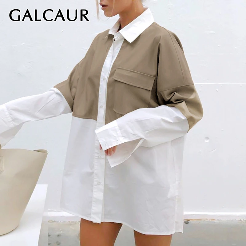 

GALCAUR Patchwork PU Leather Shirt For Women Lapel Collar Long Sleeve Colorblock Button Through Blouse Female Korean Fashion New