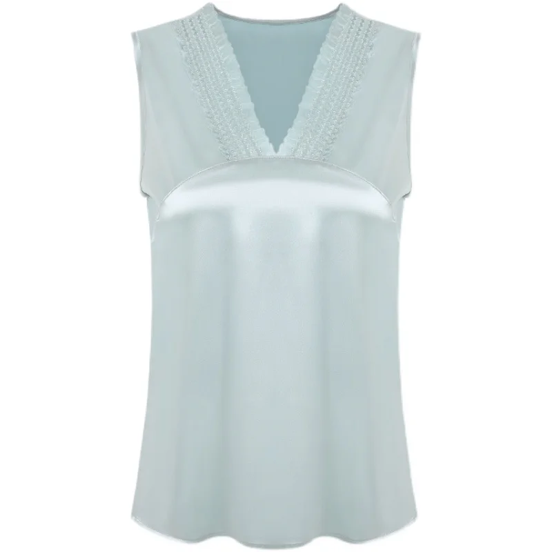 

New 2021 Summer Sleeveless Women Vest Tops Fashion Casual Sexy V-Neck Hollow Out Satin T-Shirt Plus Size M-5XL Camis