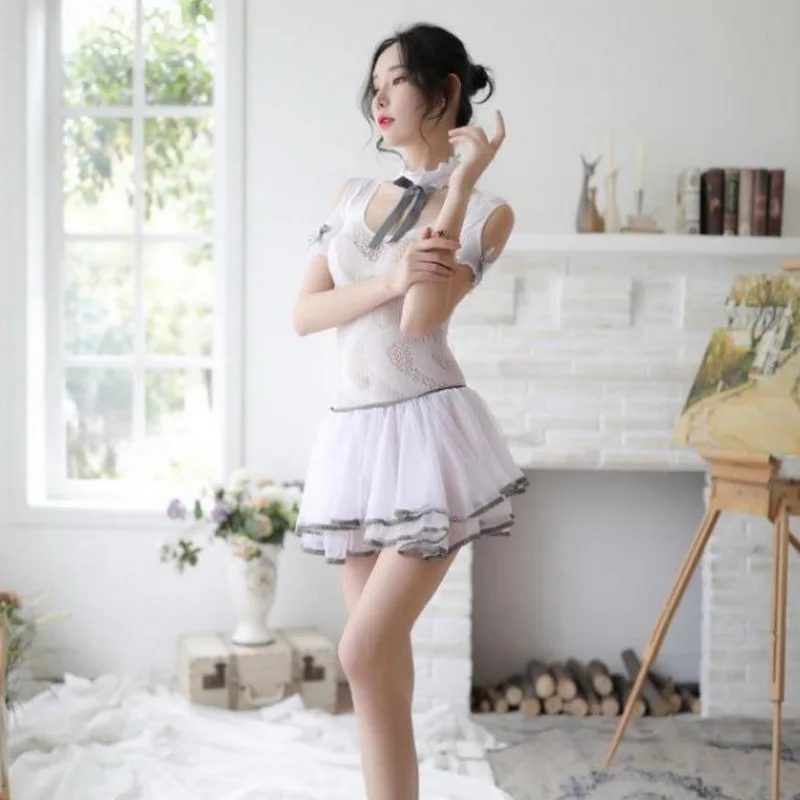 EAnvog одно слово плечо сетка Кружева Милая горничная униформа женское нижнее белье