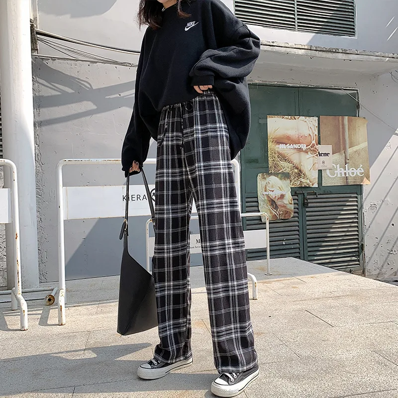 

Elastic Waist Long Loose Trousers Drawstring Female Pants 2021 Fashion Wide Leg Pants Women Autumn Casual Black White Plaid High