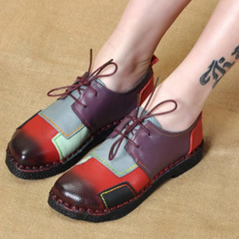 

TIMETANG Handmade Shoes Genuine Leather Flat Lacing Mother Shoes Woman Loafers Soft Single Casual Shoes Women Flats C165