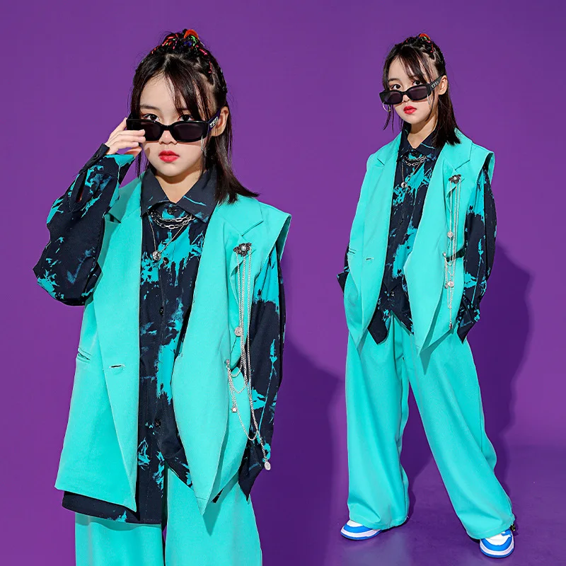 

Boys Hip Hop Waistcoat Printed Shirt Girls Suit Pants Outfit Child Cool Stage Street Dance Wear Clothes Sets Kids Jazz Costumes