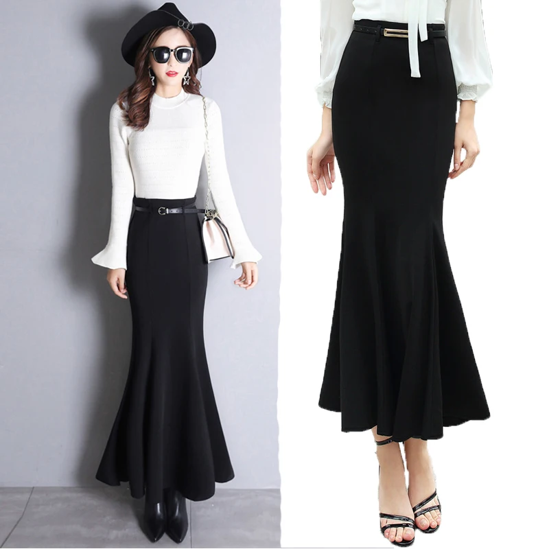 

2021 Spring Women Skirt Ruffles Slim High Waist Long Package Buttocks Tail Skirts Red Black 1890