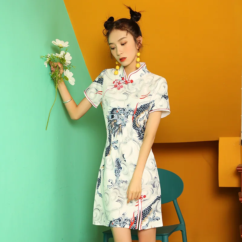 SWEETXUE китайское платье для женщин Cheongsam Современные вечерние платья с животным принтом Тонкий Сплит Пряжка китайский воротник Qipao платье