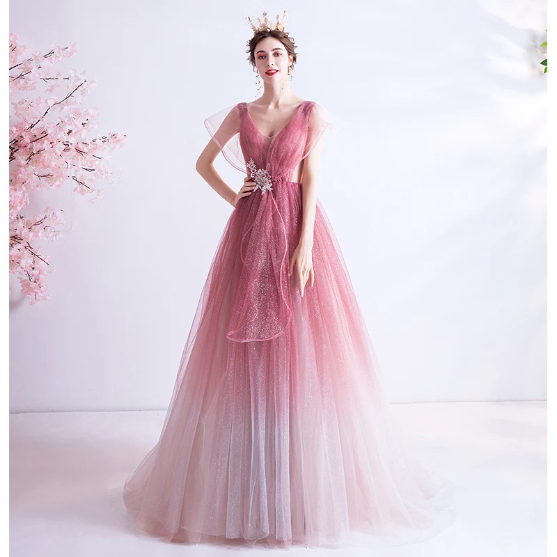 Pink Evening Dress A-line V-neck Sequins Tulle Long Formal Elegant 2020 New Party Dresses Gowns Vestido De Festa JK82 | Свадьбы и