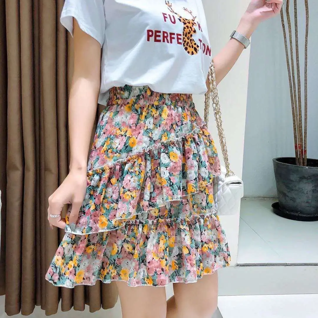 

Summer 2021 new floral A-line Chiffon Skirt women's summer high waist skirt irregular flower cake skirt