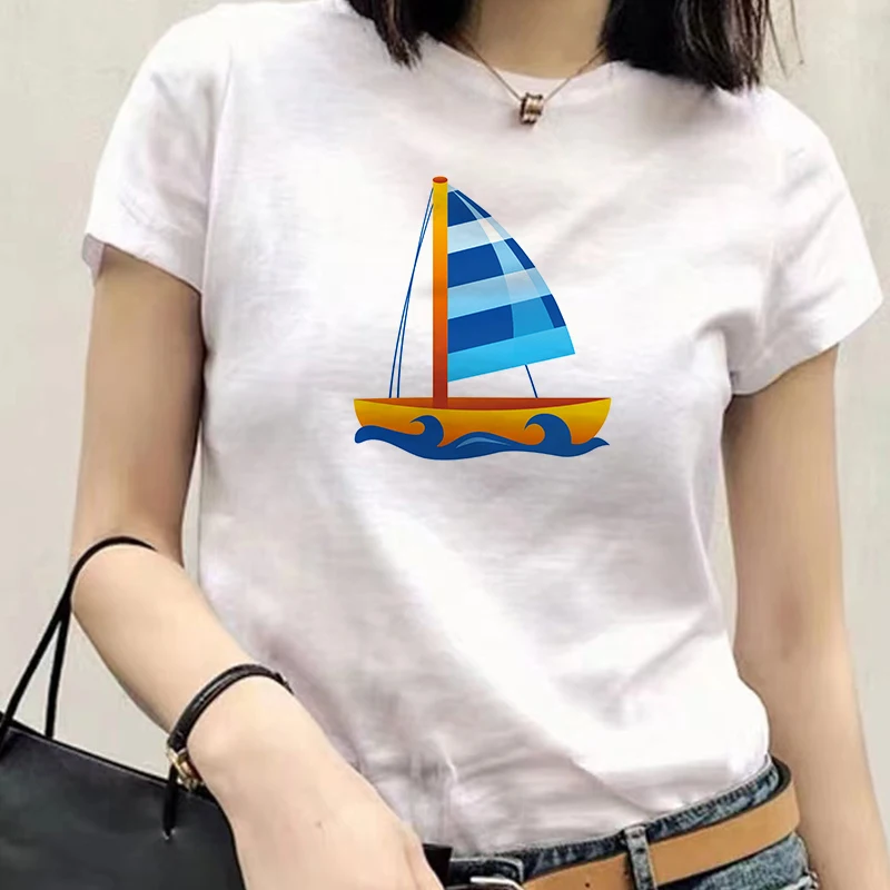 

Women White T Shir Boat Print Oversized Tshirts 90s Girls Summer Short Sleeve Aesthetic Top Tee Ullzang Tshirt Streetwears