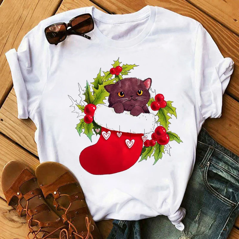 

Women Christmas Cartoon Cat 90s Trend Clothing Holiday Print Lady Tshirt Ladies Graphic T-shirts Top Female Tee Kawaii T-Shirt