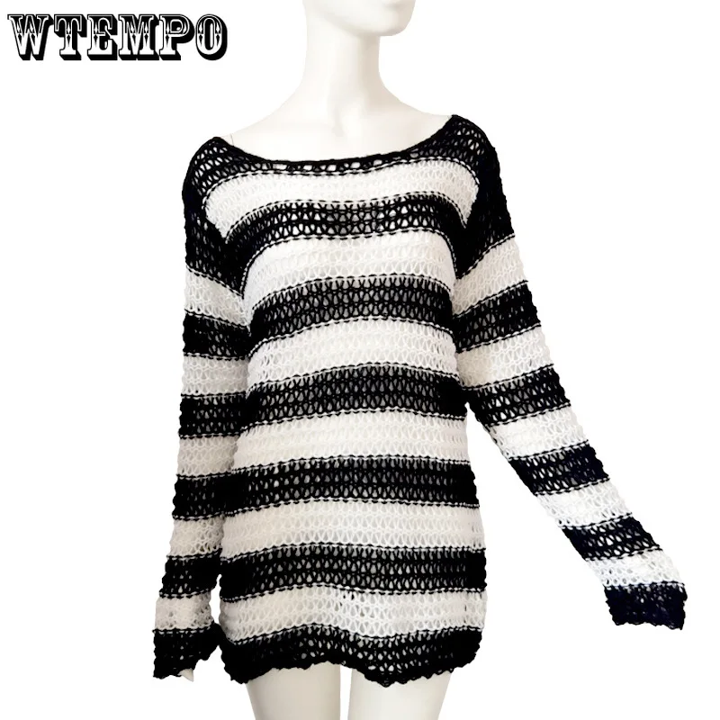 Свитер с дырками Модный пуловер вырезами джемпер черное Полосатое платье-свитер