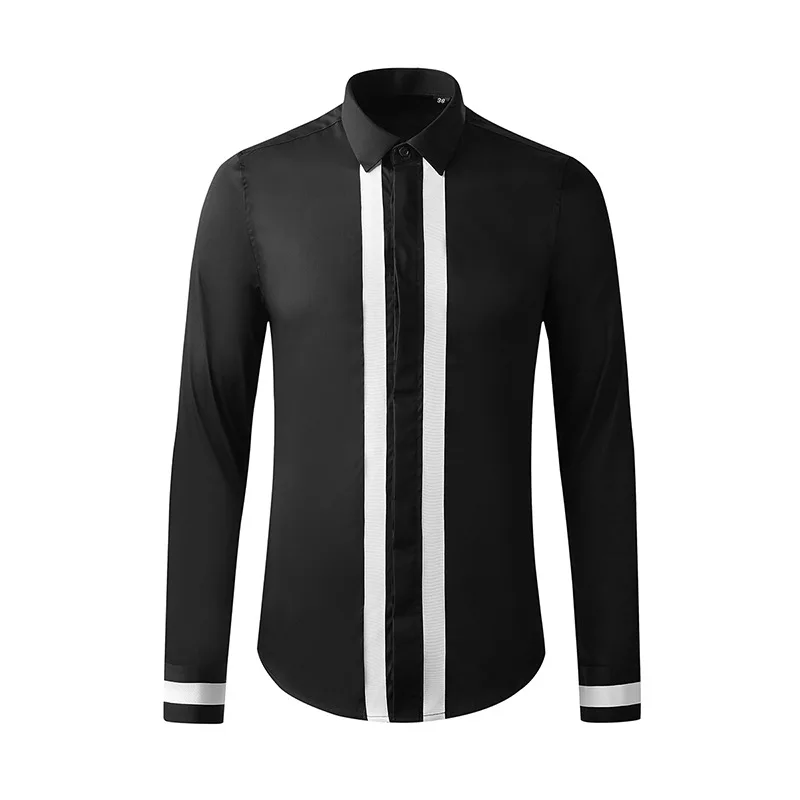 

Stitching Men's Ribbon Shirts Brand Long-sleeved Casual Shirt Male Business Formal Dress Shirts Streetwear Social Party clothes