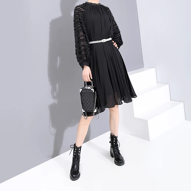 * Новое однотонное черное 2019 Женское зимнее модное плиссированное платье и пояс