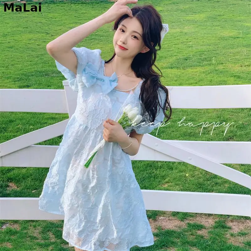 

Летняя женская обувь в стиле «Лолита» платье принцессы мини-платье с квадратным воротником белого и синего цвета, с симпатичным бантом, пла...