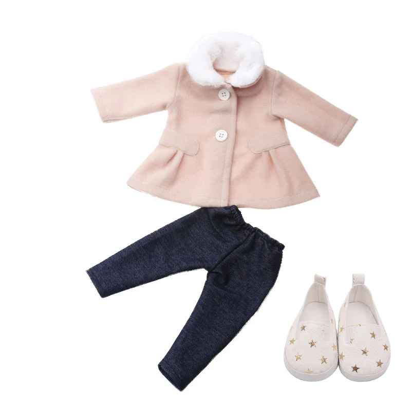Beige 18 дюймов, с круглым вырезом, для девочек Единорог одежда шерстяное пальто+ штаны для малышей; туфли американский born платье детские игрушки подходит 43 см для ухода за ребенком для мам, детские куклы, c701 - Цвет: Beige