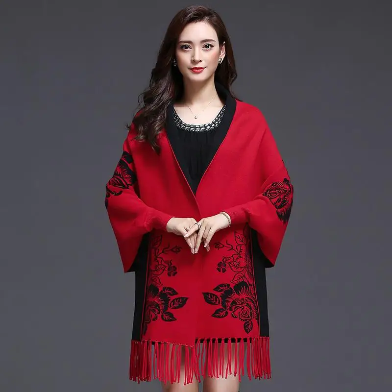 Женский двусторонний жаккардовый вязаный свитер накидка с бахромой свободная